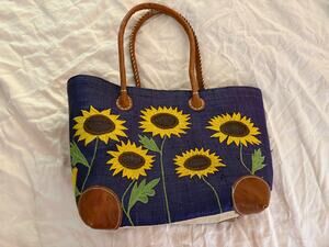 Blue Woven Raffia Sunflower Tote Bag Embroidered Cottagecore Boho Summer